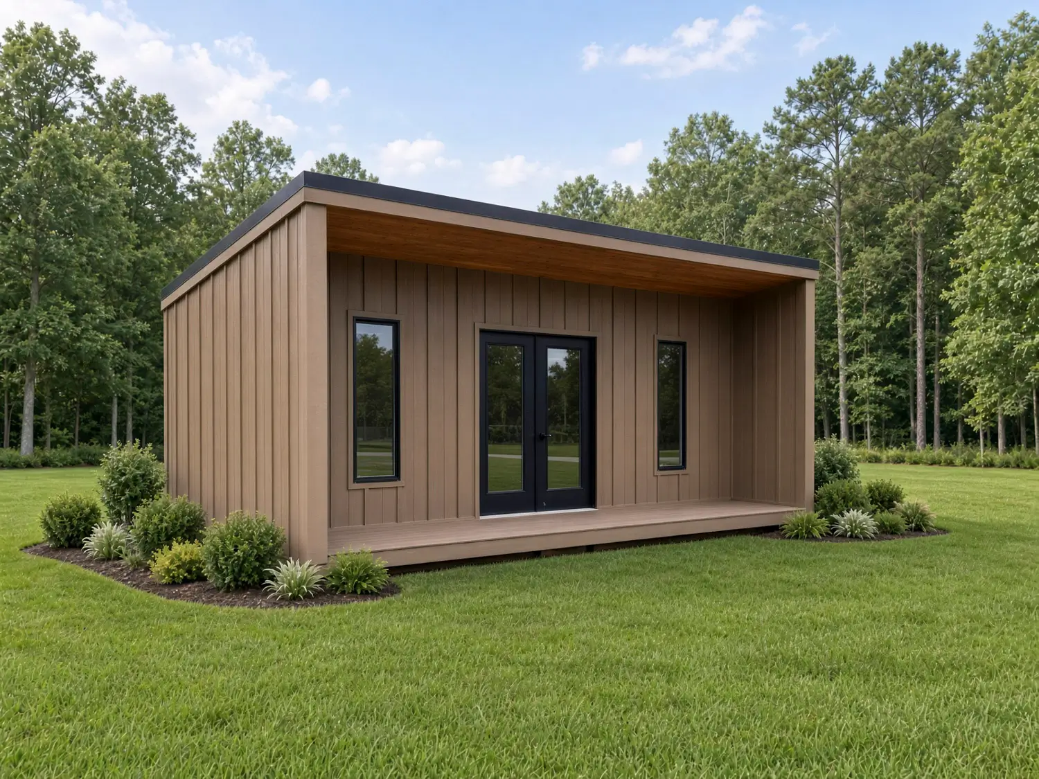 Silverwood Modern Flat shed with covered porch and black-framed windows