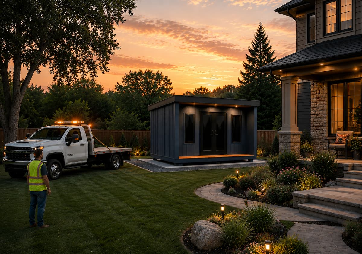Silverwood building set on its prepared pad beside a home at sunset