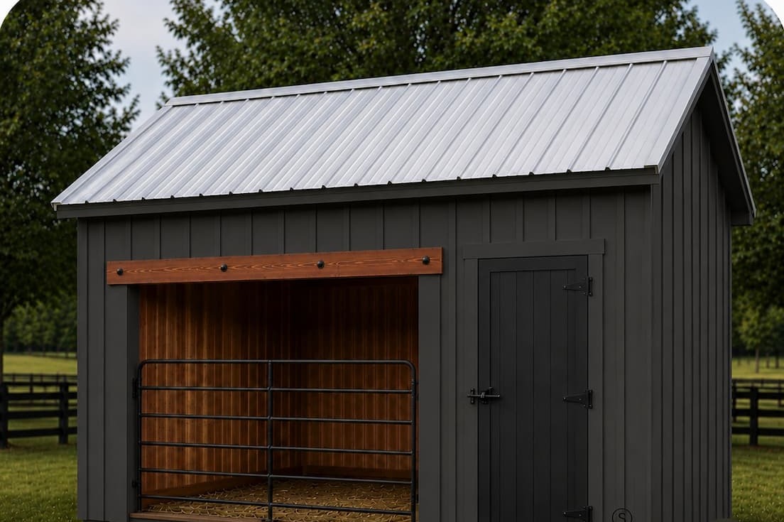 Placeholder photo of a charcoal livestock shelter with an open gated bay beside a pasture fence