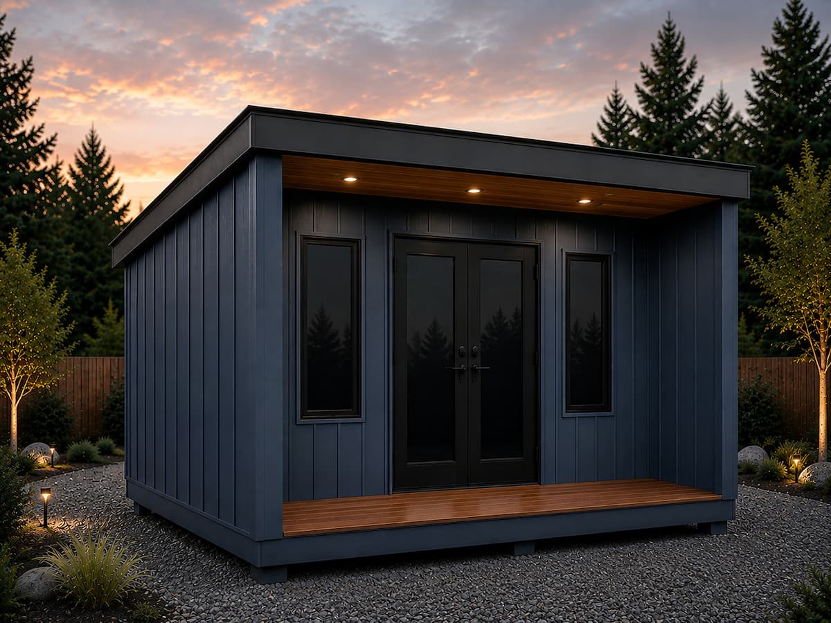Placeholder photo of a modern studio building with glass doors and a warm-lit wood soffit