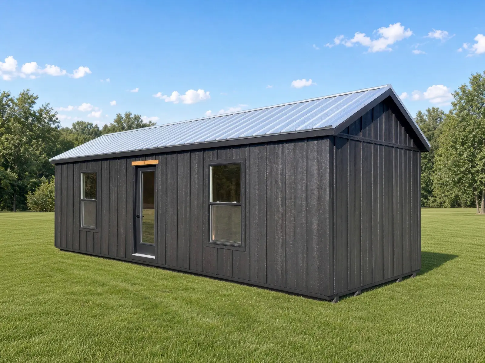 Silverwood Ridge building with dark board-and-batten siding, silver metal roof, walk-in door, and two windows