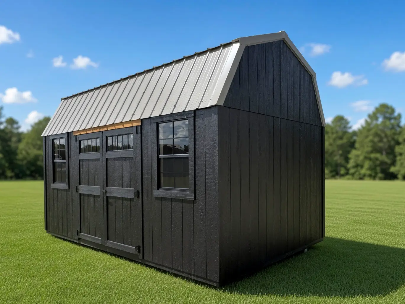 Silverwood Side Utility Lofted with charcoal siding, side-entry double doors, windows, and a silver lofted roof