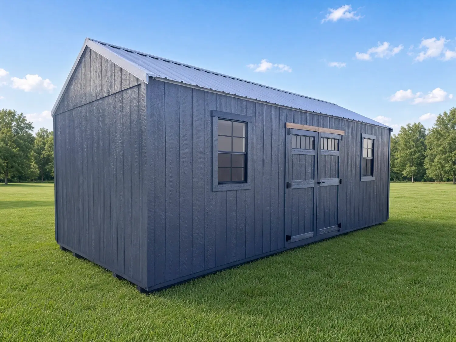 Silverwood Essential Collection side utility shed with slate blue siding, silver roof, and side-facing double doors