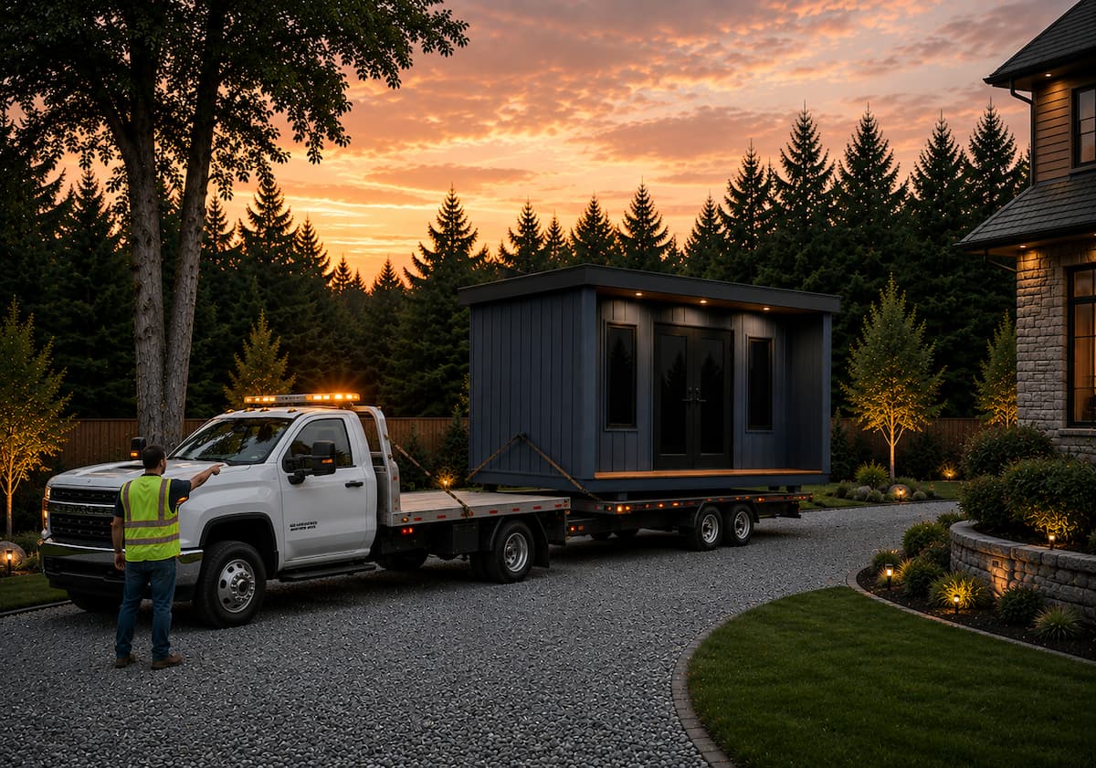 Silverwood building on a delivery trailer being guided up a gravel driveway at sunset