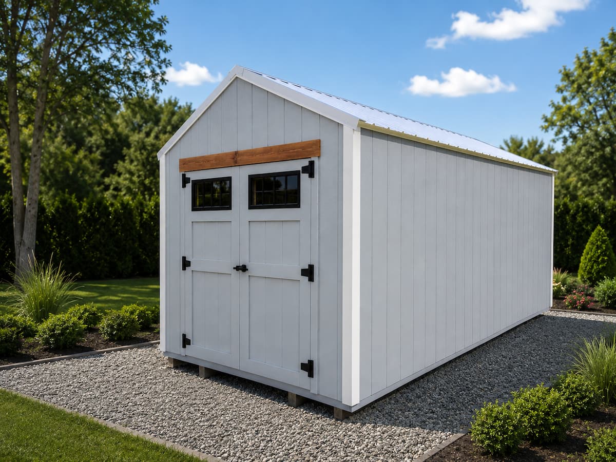 Placeholder photo of a white board-and-batten storage building with double barn doors