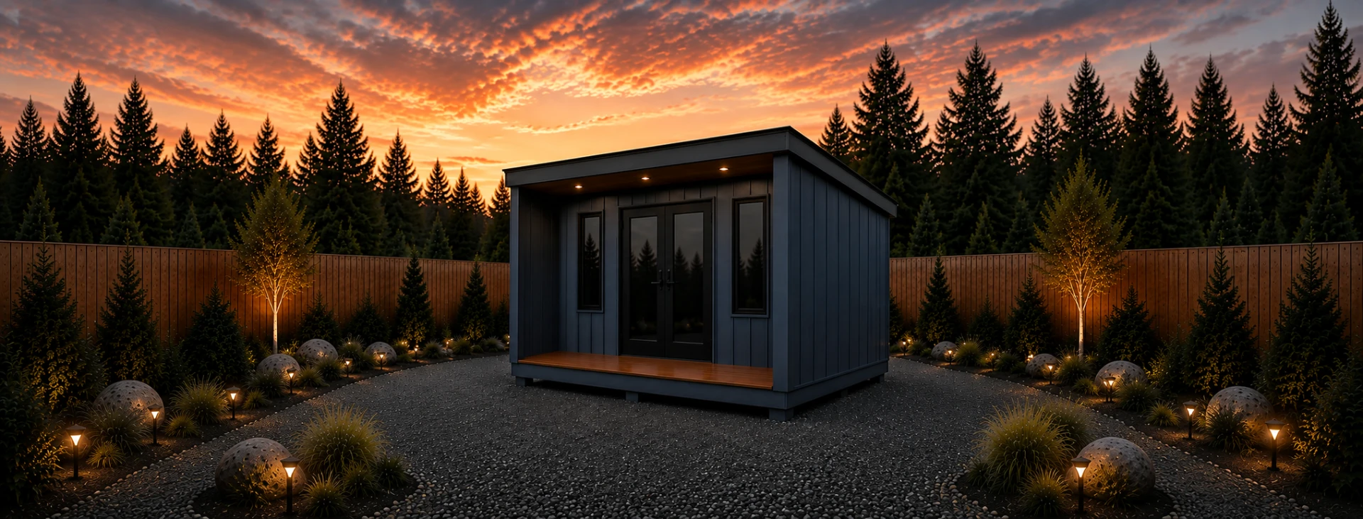 Silverwood Structures portable building at sunset with warm lighting and landscaped gravel surround