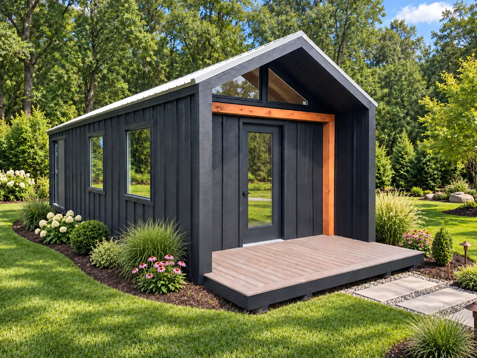Silverwood Chalet with charcoal siding, a peaked roof, wood-accented entrance, and front deck